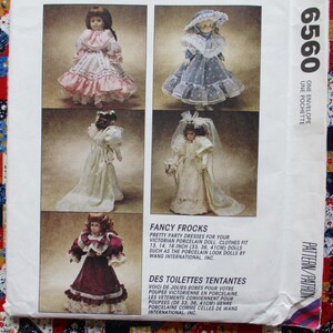 May include: An image of a pattern envelope showing four Victorian porcelain dolls in party dresses. The dresses are in shades of pink, blue, and burgundy. The text on the envelope reads "Fancy Frocks" and "Pretty Party Dresses for Your Victorian Porcelain Doll."