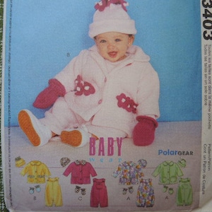 2000s McCalls sewing pattern 3403 Infants jumpsuit with snap crotch jacket hat and mittens all sizes S-XL