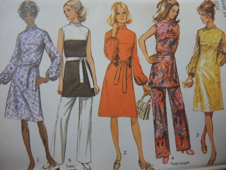 vintage 1970s simplicity sewing pattern 9125 dress or tunic and pants size 10 uncut image 1