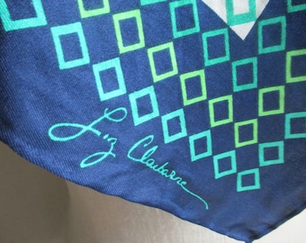 Vintage rare 1970s Early career Liz Claiborne for The Specialty House silk scarf geometric green and navy blue  27 x 27 inches