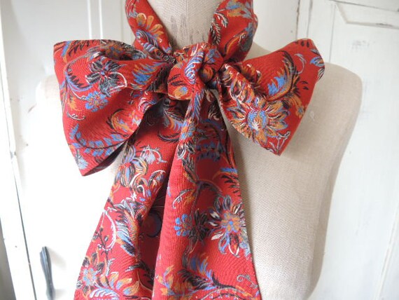 Vintage 1970s polyester scarf rusty red floral fl… - image 3