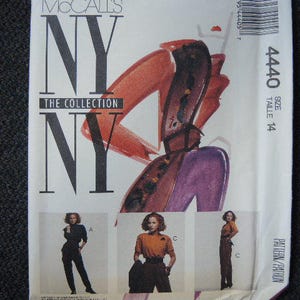 May include: A sewing pattern for a dress, featuring a model wearing a purple and red dress. The pattern is from McCall's The Collection and is size 14.