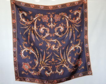 vintage 1970s scarf acetate paisley navy blue  31 x 31 inches