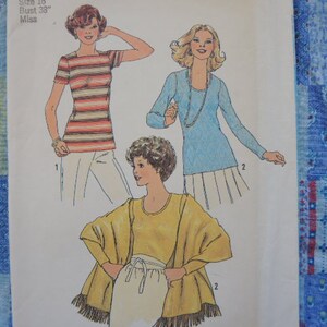 vintage jaren 1970 eenvoud naaien patroon 7307 mist pullover tops en sjaal maat 16 UNCUT