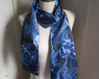 Vintage 1990s Schal Polyester Satin blau kariert floral Blumen 18x165 cm