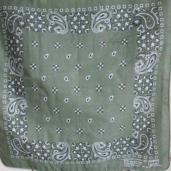 Vintage cotton bandana Paris all cotton colorfast green paisley made in the USA  21 x 21.5 inches