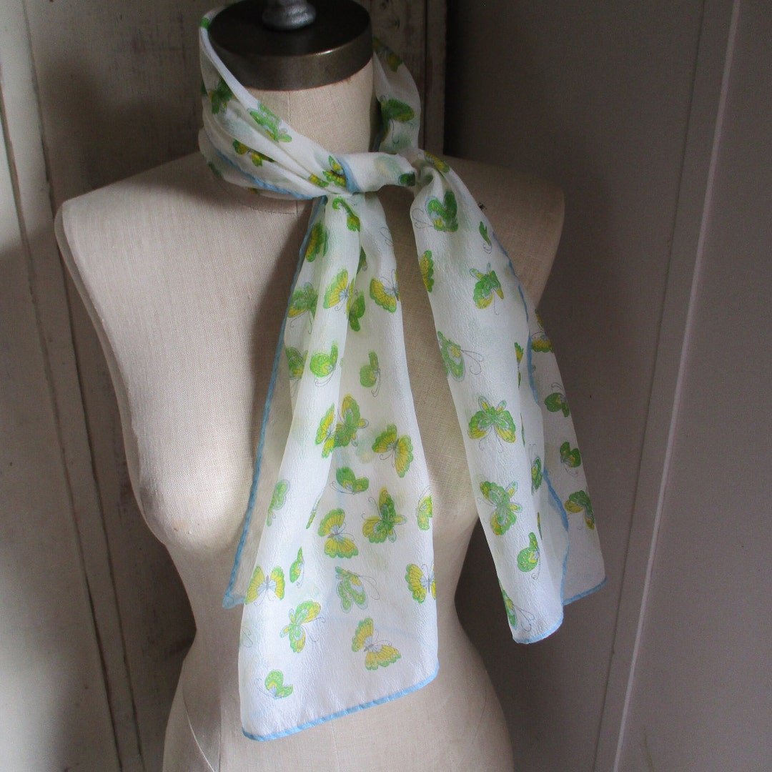 Nilon Scarf Vintage 1960s Sheer Nylon Scarf White Green and Yellow Butterflies 13 X ...