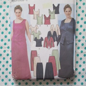 May include: A sewing pattern featuring a woman in a pink dress and a woman in a navy blue dress. The pattern includes illustrations of tops, jackets, and skirts in various colors, suitable for formal wear.