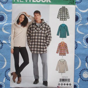 May include: A sewing pattern for hooded pullovers. The pattern features illustrations of the finished garments in various colors and patterns. The image also shows a couple modeling the style. The background is a blue fabric with a floral pattern.