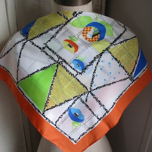 Vintage 1980s polyester scarf abstract black and white and orange blue green yellow made in Italy  20 x 20 inches