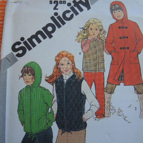 vintage 1980s Simplicity sewing pattern 5251 UNCUT girls lined hooded coat unlined quilted vest and hooded jacket and vest  size 12