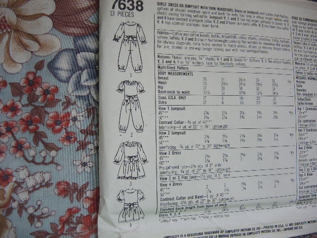 Vintage 1990s Sewing Pattern Simplicity 7638 Girls Dress or
