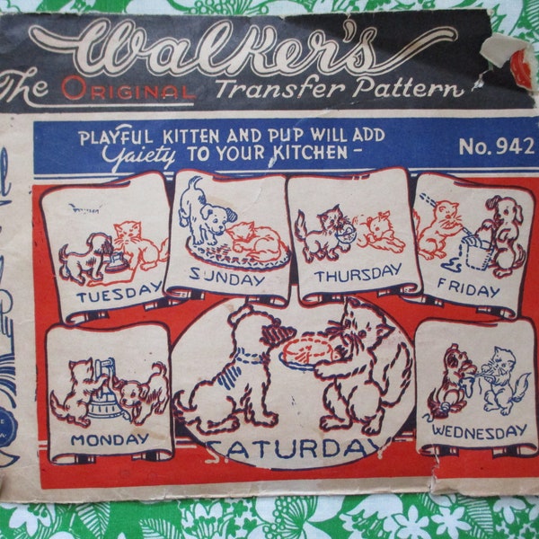 vintage Walkers transfer pattern 942 playful kitten and pup UNUSED