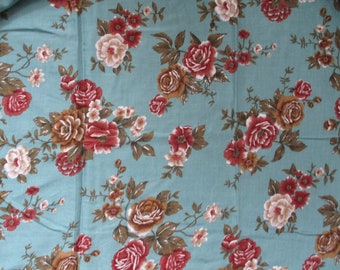 Vintage 1990s cold rayon fabric large print floral flowers on teal 46" wide BTY
