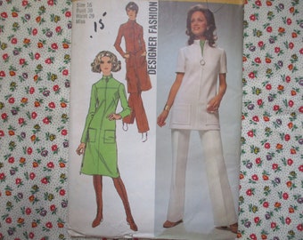 vintage 1970s Simplicity sewing pattern 9509 misses dress or tunic and pants Designer Fashion size 16