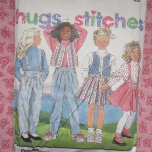 vintage 1990s Simplicity sewing pattern 9889 girls suspender skirt pants reversible vest and knit top sizes 2-6X