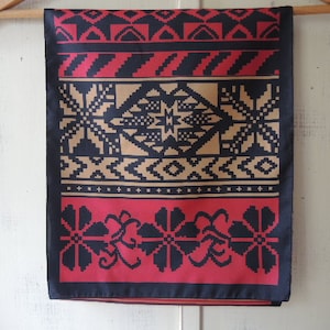 Vintage 1980s Glentex polyester scarf red black and  tan 11 x 55 inches
