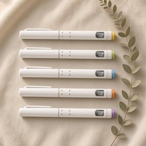 Puede incluir: Cinco bolígrafos retráctiles blancos con clip, cada uno con un pequeño botón rectangular con el texto EO y una tapa de extremo de color distinto en amarillo, verde, azul, naranja y morado, dispuestos horizontalmente junto a una rama de eucalipto seca.