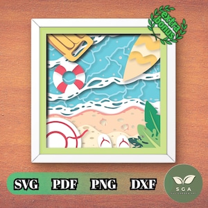 Caja de sombras 3D para playa y surf SVG, plantilla de tabla de surf con olas del océano para cortar en papel, decoración flotante de verano en capas, archivo de corte para Cricut y Silhouette