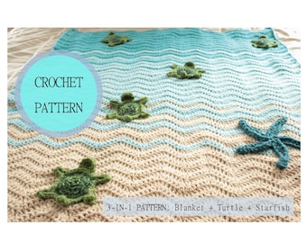 INSTANT DOWNLOAD CRoCHET PaTTERN ~ Sea Turtle Blanket Pattern ~ Includes Blanket, Turtles, & Starfish patterns, Crochet Sea Turtle Blanket