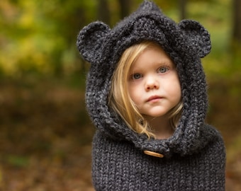 Bear Cowl, Hooded Cowl, Bear Hood, Knitted Bear Cowl, Knitted Hooded Bear Cowl Toddler, Child, Adult Sizes, Made to Order