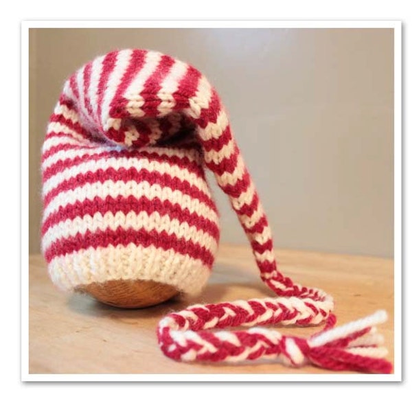 Ready-to-ship! Long tailed elf hat, stocking hat, Knit Pixie Hat, Newborn photo prop, Newborn Baby Boy Girl pixie hat, striped, red & white