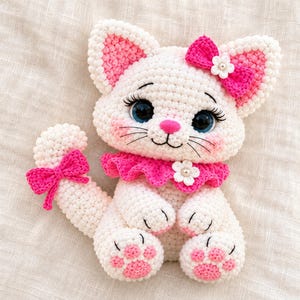 Può includere: Un peluche a forma di gatto lavorato all'uncinetto in bianco con grandi occhi blu, ciglia lunghe e dettagli rosa su orecchie, guance e cuscinetti delle zampe. Presenta un colletto a balze rosa acceso, un fiocco sull'orecchio e sulla coda.