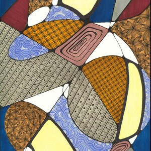 May include: An abstract drawing featuring a composition of irregular shapes filled with diverse patterns including dots, floral motifs, and concentric lines. The color palette includes yellow, blue, brown, red, and gray, all outlined in thick black ink.