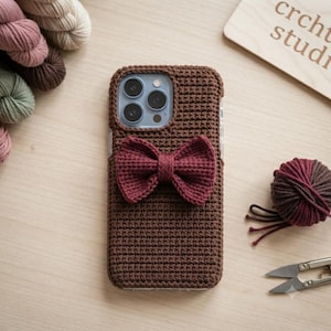 May include: A dark brown crochet phone case featuring a prominent, textured dark red bow attached to the back. The case is crafted with a tight, uniform stitch pattern that covers the entire back and sides, leaving the camera lenses exposed.