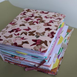 Può includere: Un diario rettangolare spesso con una copertina rosa chiaro caratterizzata da un motivo ripetuto di farfalle nei toni del marrone, rosa scuro e bianco. Il libro è riempito con numerose pagine, linguette di carta colorate e divisori, con un segnalibro a nastro.
