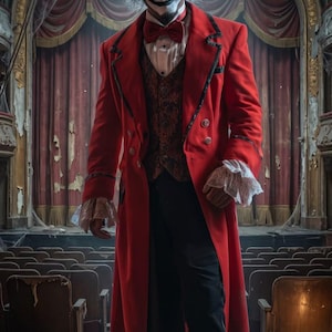 May include: A ringmaster costume featuring a long red coat with black trim, a dark patterned vest, a white shirt with ruffled cuffs, a red bow tie, and a black top hat with a red band. The ensemble includes black trousers and dark boots.