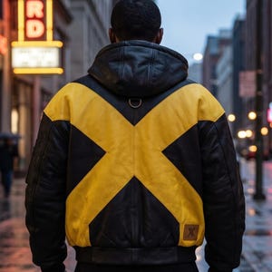 May include: A black and yellow hooded jacket featuring a large X-shaped pattern across the back. The garment includes a hood, long sleeves with ribbed cuffs, and a small rectangular patch with an X logo on the lower right side of the back panel.