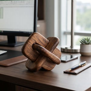 May include: A decorative sculpture crafted from dark brown wood, featuring two interlocking, rounded rectangular links that form a continuous, knotted shape with a smooth, polished finish and visible natural wood grain patterns throughout.