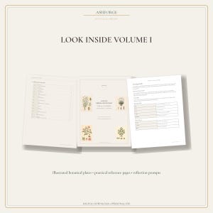 May include: Three pages from the Ashforge Botanical Library Volume I digital download. The pages feature a collection contents list, a central herbal dictionary page with four botanical illustrations, and a page with reflection prompts.