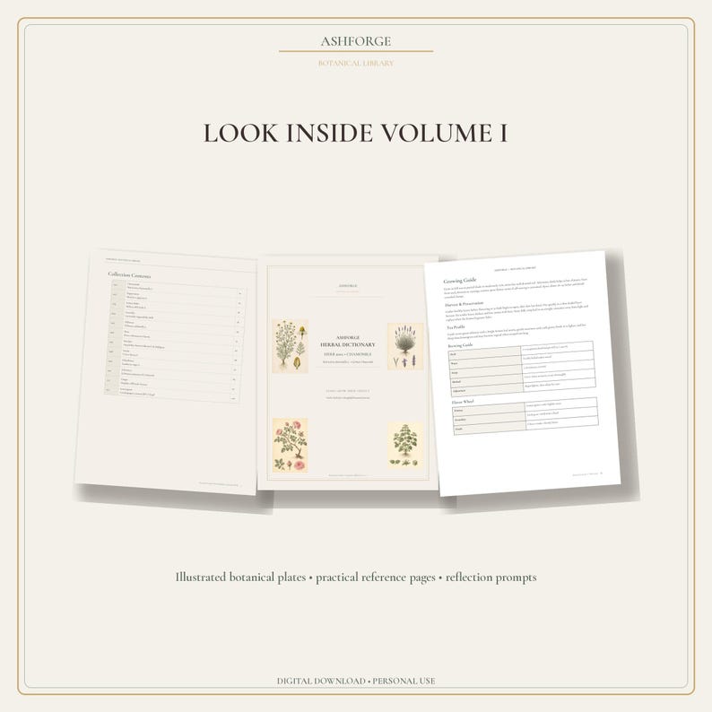 May include: Three pages from the Ashforge Botanical Library Volume I digital download. The pages feature a collection contents list, a central herbal dictionary page with four botanical illustrations, and a page with reflection prompts.