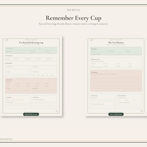 May include: Two pages of a tea ritual log printed on cream paper. The left page is titled Tea Ritual & Brewing Log with sections for brewing details, sensory notes, and cup rating. The right page is titled The Tea Memory with space for notes.