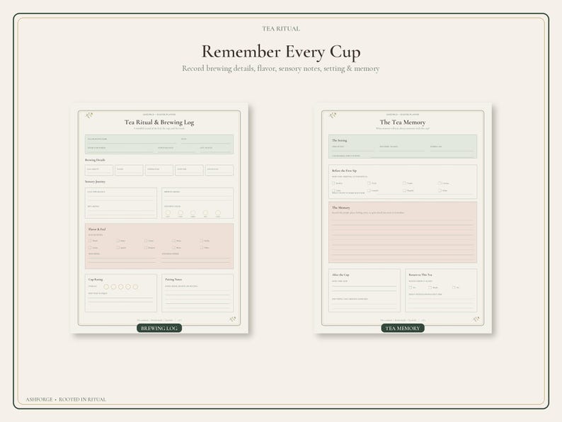 May include: Two pages of a tea ritual log printed on cream paper. The left page is titled Tea Ritual & Brewing Log with sections for brewing details, sensory notes, and cup rating. The right page is titled The Tea Memory with space for notes.