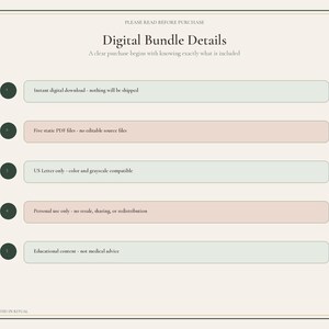May include: A digital bundle details information sheet with a cream background and dark border. It lists five points: instant digital download, five static PDF files, US Letter size, personal use only, and educational content, not medical advice.