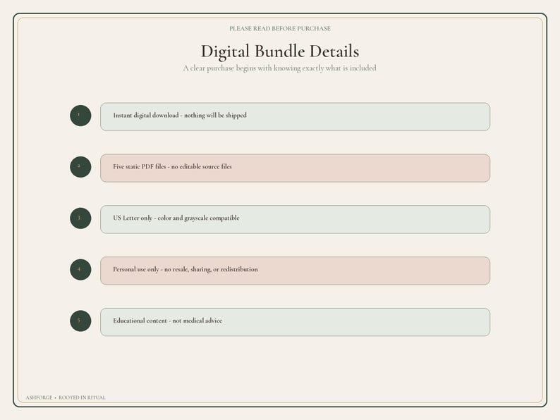 May include: A digital bundle details information sheet with a cream background and dark border. It lists five points: instant digital download, five static PDF files, US Letter size, personal use only, and educational content, not medical advice.