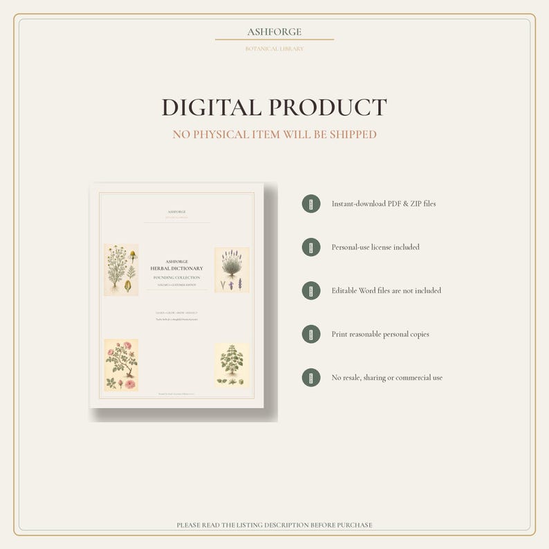 May include: A digital product listing for the Ashforge Herbal Dictionary, featuring a document preview with botanical illustrations, text details, and a list of five icons with accompanying text regarding file formats and usage rights.