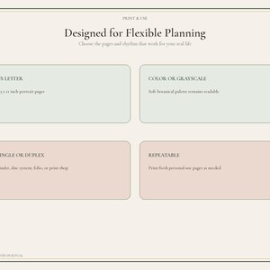 May include: A digital planning guide titled Designed for Flexible Planning with four sections: US Letter 8.5 x 11 inch portrait pages, Color or Grayscale, Single or Duplex, and Repeatable. The layout features soft green and pink rectangular boxes.