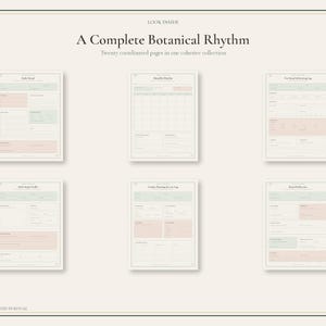 May include: A collection of six printable planner pages titled A Complete Botanical Rhythm, featuring sections for daily rituals, monthly rhythms, tea brewing logs, herb study profiles, garden planning, and daily reflections in soft green and pink.