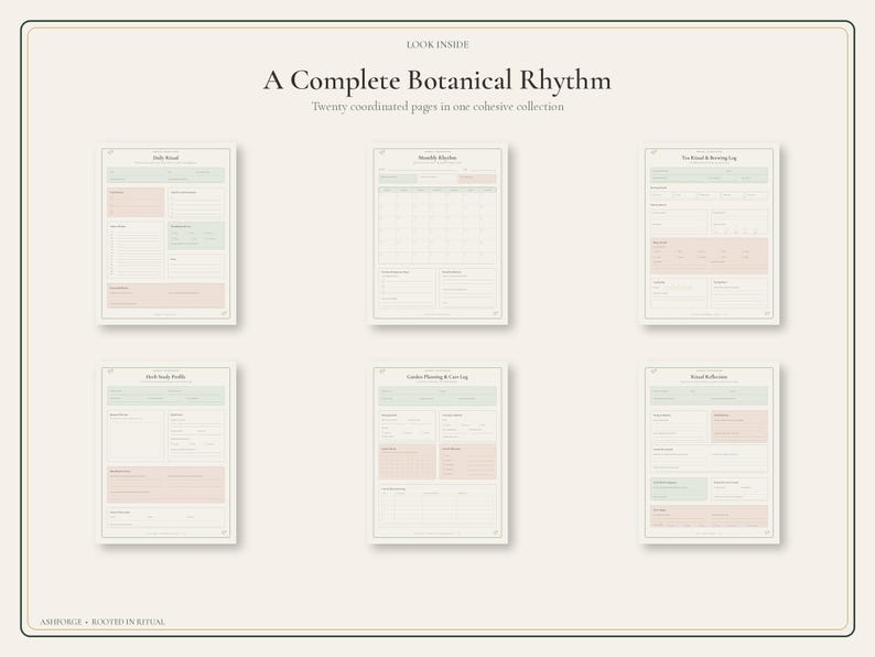 May include: A collection of six printable planner pages titled A Complete Botanical Rhythm, featuring sections for daily rituals, monthly rhythms, tea brewing logs, herb study profiles, garden planning, and daily reflections in soft green and pink.