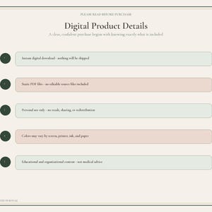 May include: A digital product details information sheet with a cream background and dark text. It lists five points: instant digital download, static PDF files, personal use only, color variation notice, and educational content disclaimer.
