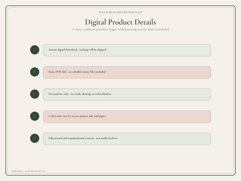 May include: A digital product details information sheet with a cream background and dark text. It lists five points: instant digital download, static PDF files, personal use only, color variation notice, and educational content disclaimer.