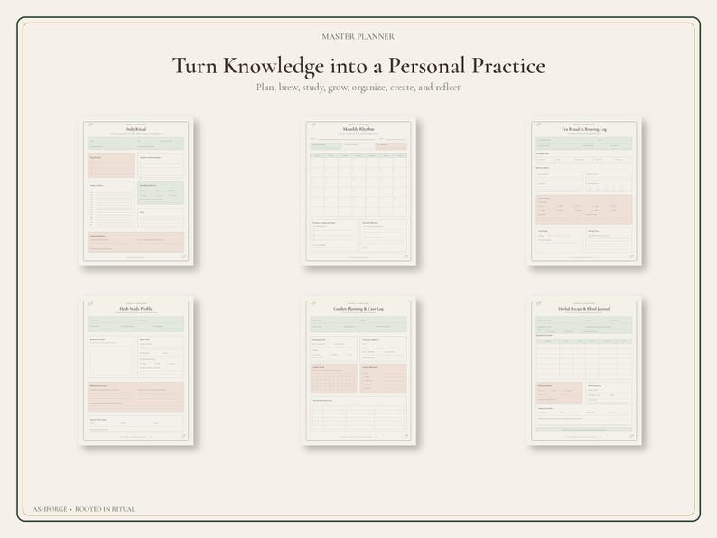 May include: A Master Planner set featuring six distinct pages with light green and soft pink accents. The header reads Turn Knowledge into a Personal Practice. Each page includes structured sections for planning, study, and logs, with text labels.
