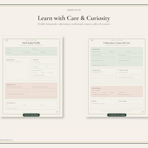 May include: Two printable herb study sheets with a cream background, featuring sections for Herb Study Profile and Cultivation, Context & Care. The forms include light green and pink rectangular fields for notes, with the text Learn with Care & Curiosity.