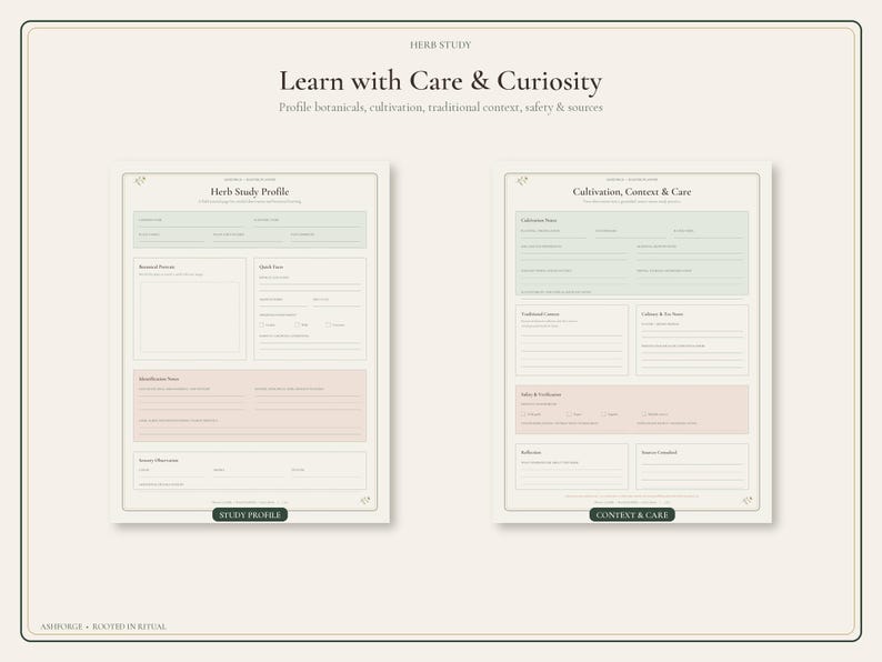 May include: Two printable herb study sheets with a cream background, featuring sections for Herb Study Profile and Cultivation, Context & Care. The forms include light green and pink rectangular fields for notes, with the text Learn with Care & Curiosity.