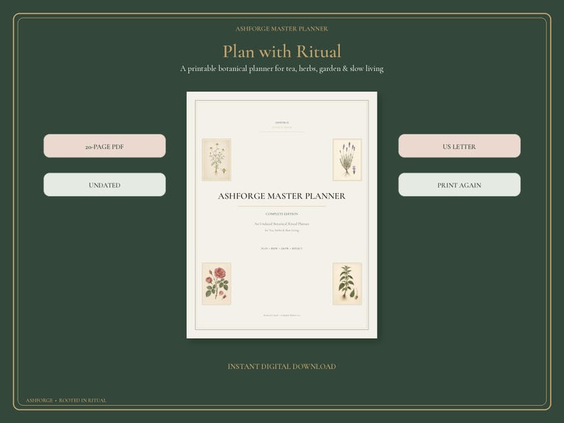May include: A printable botanical planner titled Ashforge Master Planner with the text Plan with Ritual. The document features four small botanical illustrations of flowers and herbs, with labels including 20-page PDF, US Letter, and Undated.