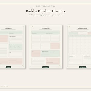 May include: Three undated planning pages titled Daily Ritual, Weekly Rhythm, and Monthly Rhythm. The pages feature a soft color palette of muted green and pink accents on a cream background, with structured sections for scheduling and notes.